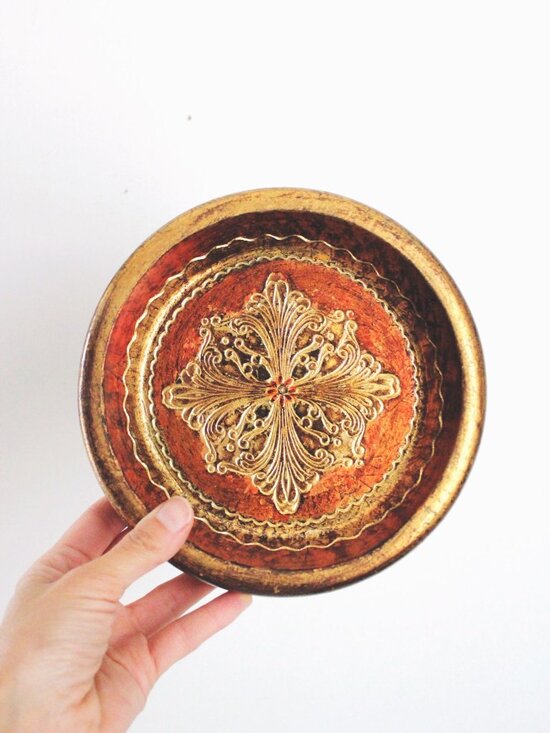 Florentia Other - Vintage Florentia Hand-Painted Bowl Tray Dish Gold Red Italian Mid Century MCM